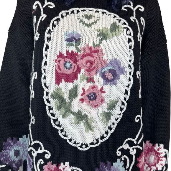 Vintage SGCS by Sacha Floral Sweater L Pearl Applique Grannycore Retro Black - Picture 4 of 6